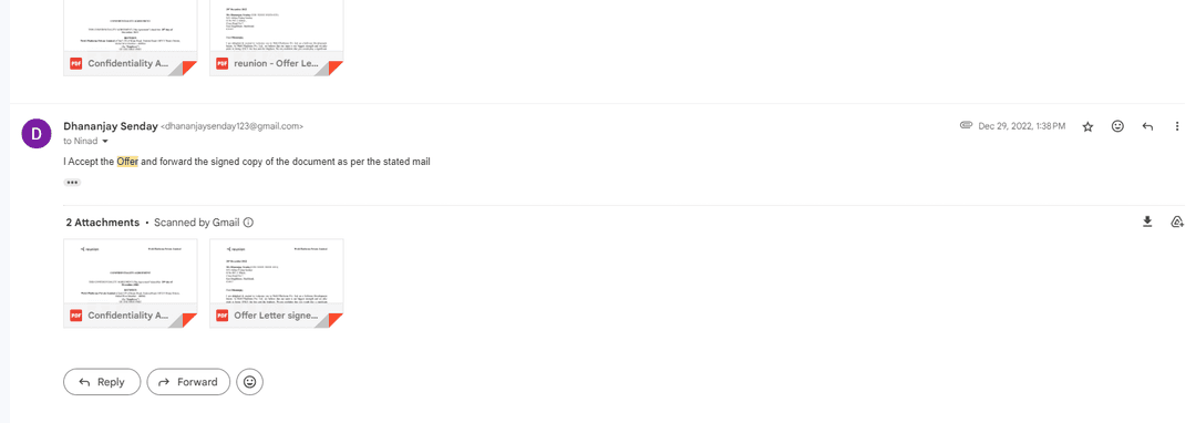 Image Showing My reply to offer letter with documents